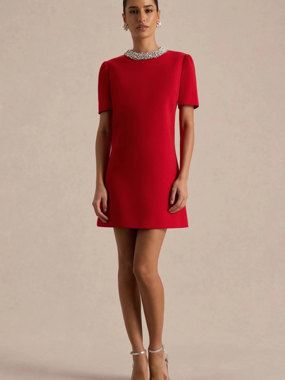 Bejeweled Neck Red Mini Dress